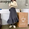 Faldas Mujer Moda Spadek Koreański Chic Szczupła Wysoka Talia Plisowane Spódnice Kobiety Nieregularne Ruffles White Gray Maxi Spódnica Vintage Loose 210610