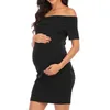 妊娠ドレスファッションカジュアルな女性の服のドレスソリッドカラーワンショルダー半袖マタニティ女性妊娠服Q0713