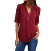 Summer Women Chiffon Bluses Elegant V Neck Roll Up Long Sleeve Zipper Tunic Tops Casual Loose Blue Shirts Female 5xl Plus Size 210326