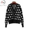 Women Cardigans Sweater V neck Black Polka Dot Knitwear Casual Knitted Cardigan Outwear Autumn Winter Jacket Coat 210510