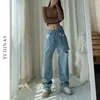 Yedinas vintage asymmetrisk midja hål raka jeans lösa denim byxor casual wide ben streetwear mamma 210809