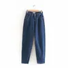 Винтажные голубые джинсы с высокой талией Женщины -парень для повседневных карманов.