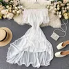 Koreanska Chic Bohemian Chiffon Dress High Waist Hip Pleat Design Vestido Slash Neck Off Shoulder Holiday Long Ropa 49485 210422