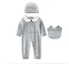 Boys Designer Romper 3pcs set Infant Cotton long sleeve star embroidered Jumpsuit Baby clothes spring autumn Kids Onesie with hat Bib C6996