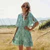 Summer Green Vintage Beach Mini Dress Button Elastyczne Plisowane Krótki Rękaw Tie Dress Dress A-Line Ruffles Sukienka Vestidos 210514