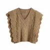 Damen-Pullover mit Zopfmuster, Weste, V-Ausschnitt, Rüschenbesatz, Damen-Pullover, warme Strick-Tanktops 211006
