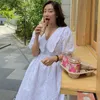 Korejpaa Women Dress Korea Elegant Doll Collar Frills Stitch Embroidered Pleat Loose High Waist Bubble Sleeve White Dresses 210526