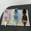 Elegant Women Sandals Pointed Toe Metal Chain Ankle Strap Thin Low Heels Summer Dress Pumps Solid Color Elegant Slides Sandals 210513