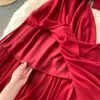 Grün/Rot/Schwarz Unregelmäßige Party Kleid Frauen Vintage Kerb Kragen Kurzarm Hohe Taille Schlank Midi Vestidos 2021 sommer Neue Y0603