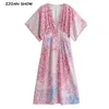 Holiday Ruched Deep V neck Hit Color Floral Print Shirt Dress Woman Back Elastic Waist Single-breasted Buttons Midi Dresses 210429