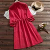 Japonés Mori Girl invierno otoño vestido mujer bordado corazón manga larga pana Vestidos azul marino rojo Vintage Vestidos 210520