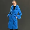 女性のウールコート春の本物の毛皮の襟ウールのジャケット調節可能なウエストスリムレディースロングオーバーコート211019