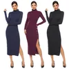 Długa sukienka z dzianiny Jesień Solid Color High Neck Side Slit Seksowne Elastyczne Slim Fit Wrap Hip Pullover Plus Size 210522