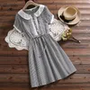 Mori Girl Summer Women Fresh Dress Peter Pan Collar Blue Gray Loose String Elegant Plaid Sweet Short Sleeve ES 210520