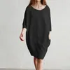 Mulheres de linho vestidos meia manga o pescoço bolsos solto casual senhoras vestido plus size moda vintage praia roupas sólidas 210518