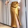 TingYiLi Beading Front High Slit Satin Midi Skirts Womens Navy Wine Red Yellow Office Wear Skirt Korean Elegant Lady Tight Skirt X0428