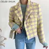 Chique Koreaanse wollen jas vrouw herfst blauwe plaid notch kraag wollen jas Houndstooth runway design mengsels outfit herfst en winter 210930