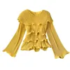Ins 3D-Flounce-Rundhalsausschnitt mit langen Aufflackernärmeln, plissiert, für Damen, Chiffon-Bluse, Dame, einfarbig, elegante Hemden und Tops N744 210317