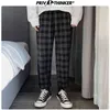 Privatinker moda homem solto listrado comprimento calças coreano homens xadrez calças casuais grandes streetwear corredores 210715