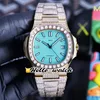 TWF 5711 / 1A-018 verharde diamanten 324SC A324 Automatische Mens Horloge 170 Verjaardag Blue Texture Dial Tiffan9 Stick Markers Volledig Iced Out Out Big Diamond Bezel Armband