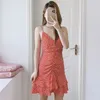 Women Dresses Red Floral Ruffle Backless Mini Woman Summer Sexy Thin Strap Draped Party Vestidos 210430