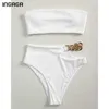 Ingaga Bandeau Bikinis Wysoka talia Damskie stroje kąpielowe BRIPBED Swimwear Wytnij Biquini Sexy Łańcuch Garnitury Bikini Set 210629