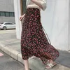 Herfst Zomer Elegante Print Rok Vrouwen Koreaanse Midi A-Lijn Lace Up Chiffon Femme Jupes Rokken Voering Mujer Faldas 210520