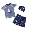 Summer Kids Boys Swimwear 3-Pcs Sets Cartoon Shark Top + Swimming Trunks+ Bathing Cap Swimsuit Children Outfits E1054 210610