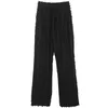 [EAM] High Waist Black Feather Long Wide Leg Hem Slit Trousers Loose Fit Pants Women Fashion Spring Summer 1DD8464 21512