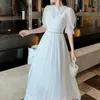 Runway Design Ladies Lace Patchwork Gasa Vestido largo plisado Vintage Mujer Elegante Cintura alta Slim Maxi Vestidos Vestido 210519