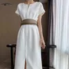 Summer Zipper Long Dress Vintage Elegant White Black Party Short Sleeve High Waist Robe Femme 13902 210508