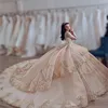 2021 Sexy Luxury Champagne Quinceanera Ball Gown Dresses Jewel Neck Lace Appliques Crystal Beads Long Sleeves Sweep Train Tiered Plus Size Party Prom Evening Gowns
