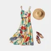 Marwin Primavera verão praia estilo sem mangas espaguete cinta império a linha tornozelo-comprimento floral decote em v vestidos 210325