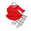 Completi di abbigliamento Natale Bambini Ragazze Toddler Ruffle Pullover a maniche lunghe Top + Pantaloni stampati + Sciarpa Completi