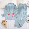 JULY'S SONG Faux Silk 2 Pieces Pajamas Set Women Autumn Spring Pink Flamingo Printed Pyjama Long sleeves Trousers Sleepwear Suit 210809