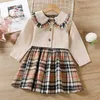 Girls Front Buttons Tops Sleeveless Dress Outfits Spring Autumn Baby Kids Long Sleeve Outwear Plaid A-line Clothing Sets 211104