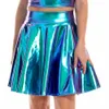 Zomer sexy laser hoge taille mini pu lederen rok club party dans glanzende holografische rokken harajuku jk metallic geplooide rokken 210730