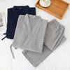 Japonês quimono pijama v-pescoço de manga longa pijamas mulheres 2 peça conjunto outono duplo camada gaze sleepwear 100% algodão sono tops 210830