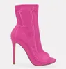 セクシーな女性のピープトウローズピンクのスティレットヒールショートブーツ特許レザーホワイトイエローハイヒール足首ブーティビッグサイズ