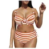 Plus Size Split Swimsuit 2021 Striped Bowknot High Waist Bandeau Women's Bathing Suit Fatos De Banho Para Senhoras Swimwear