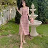 Plaid Midi Dress Women Vintage Sweet Lace Patchwork Cheongsam Casual Slim Knappar Sexiga Rosa Klänningar Ladies Elegant 5xl 210506