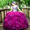 Prachtige baljurk Quinceanera jurk 2022 tule crystal ruches lovertjes lange rok paarse tier zoete 15 jurk