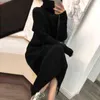 Korean Version Sweet Winter Women Knitted Sweater Dress Office Casual Fashion Pit Pattern Turtleneck Wrap Solid Color Dresses G1214
