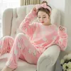 Flannel Pajamas Nightwear Sleepwear Set Winter Warm Simple Long Sleeve Leisure Pure Color Lovely Women Home Wear Suit 210622