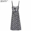 Zevity mujeres vintage chic jacquard animal tejido midi sling vestido femenino sexy sin respaldo encaje hasta correas vestidos mujer DS8239 210603