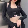 Fake 2 Pieces Rib Fabric Long Sleeve Buckle Halter Woman Tshirts Sexy Slim Ladies Crop Tops Tee Shirt Clothes 210510