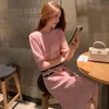 Abito elegante retrò femminile rosa girocollo vita gonna in maglia estate abbigliamento donna moda coreana 210520