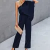 Kadınlar Zarif Tulumlar Katı Bir Omuz Backless Uzun Kollu Romper Elastik Geniş Bacak Bodycon Casual Ofis Lady Bodysuits 210709