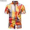 Geometrisches Spleißen Herren Hawaiian Shirt S Ärmel gebändert Baumwolle Strandhemden Männer Baggy Baumwolle Leinen Urlaub Urlaub Kleidung 210522