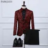 Glitter Kırmızı Leopar Erkekler Suit Set Parlak Pullu Erkekler Sahne Kostüm Erkekler Moda Seksi Parti Erkek Suits 3 Parça Masculino 210524